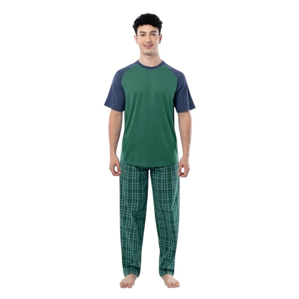 Fruit of the Loom Men's Raglan Short Sleeve T-shirt Plaid Pajama Sleep Pant Set